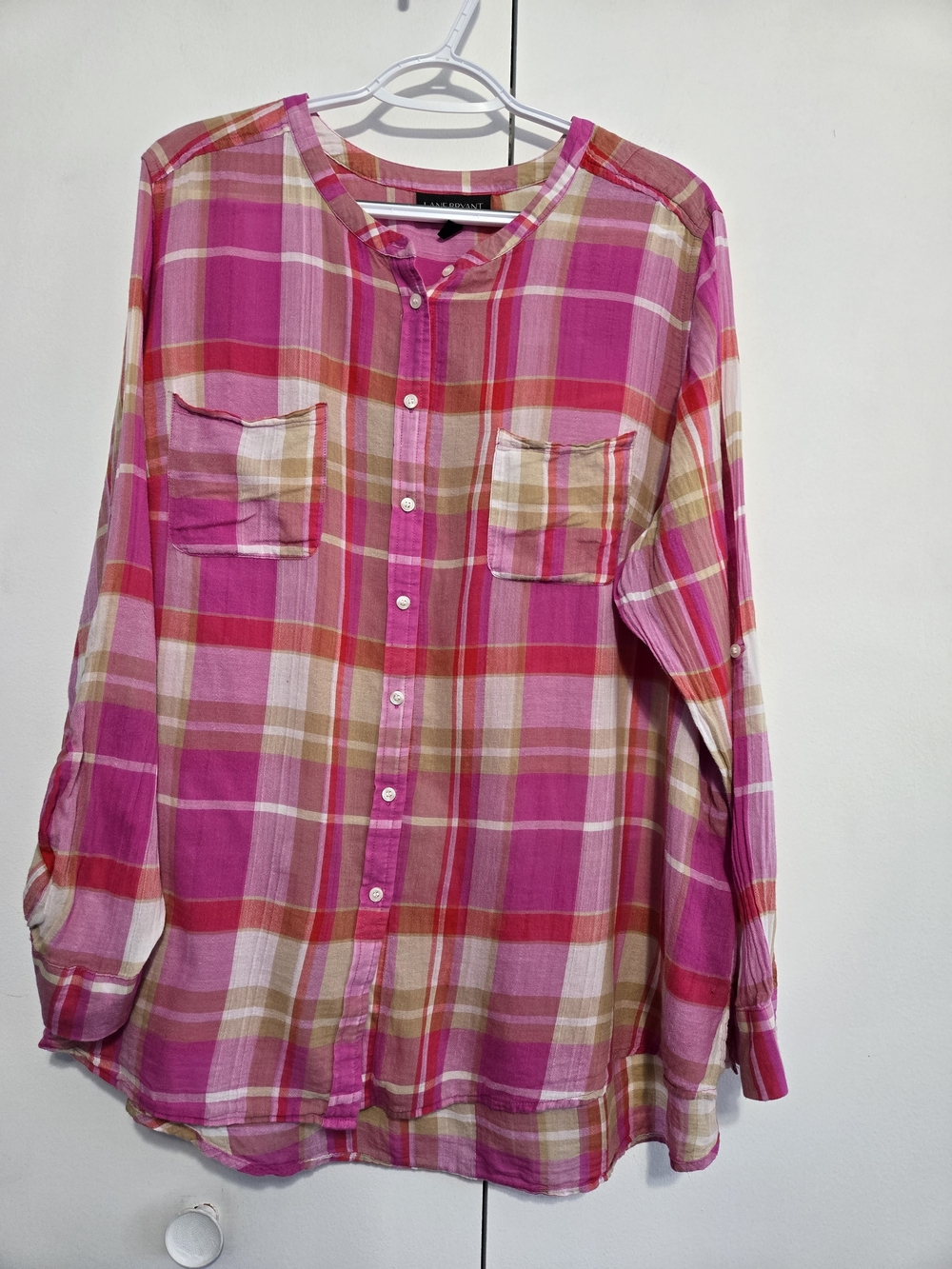 Lane Bryant Plaid Shirt 18/20 Pink Cotton Roll Tab Sleeve Plus Size